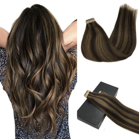 GOO GOO Tape in Hair Extensions Human Hair, 2/6 Dark Brown Highlighted Chestnut Brown, 16inch 50g 20pcs, Thick Ends Straight Seamless Tape in, Invisible Tape in Hair Extensions Human Hair