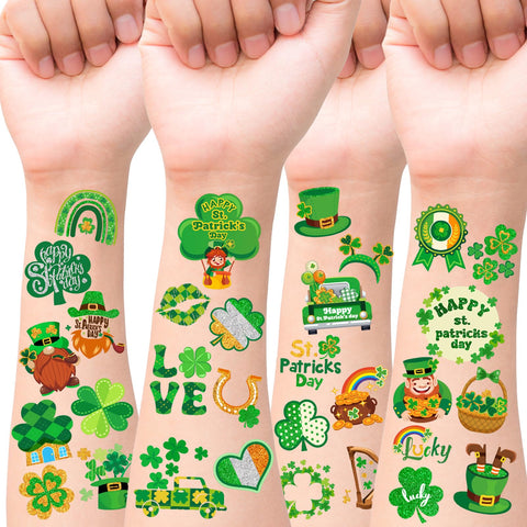 HOWAF 96pcs St. Patrick's Day Temporary Tattoos,Glitter Shamrock Tattoo Stickers for Irish Party Decorations,Lucky Clover Face Tattoos with Leprechaun for Green Party Parade Makeup