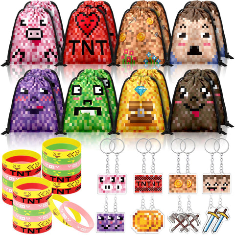 Talltalk 48 Pcs Pixel Party Favors Bulk with 16 Pixel Party Drawstring Bag Gift Bags Miner Goodie Bags 16 Miner Wristband 16 Pixel Keychain for Pixel Game Birthday Party Supplies Decorations