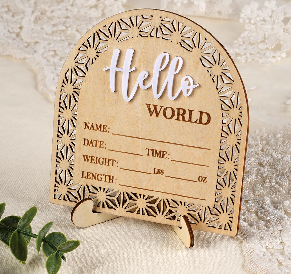 Bleed Proof Engineered Wood, 5.5 Inch Wooden Birth Announcement Sign with Easel Stand, 3D Arcylic Hello Sign, Newborn Announcement Plaque for Girl Boy Photo Prop Baby Shower Nursery Hospital - Birch