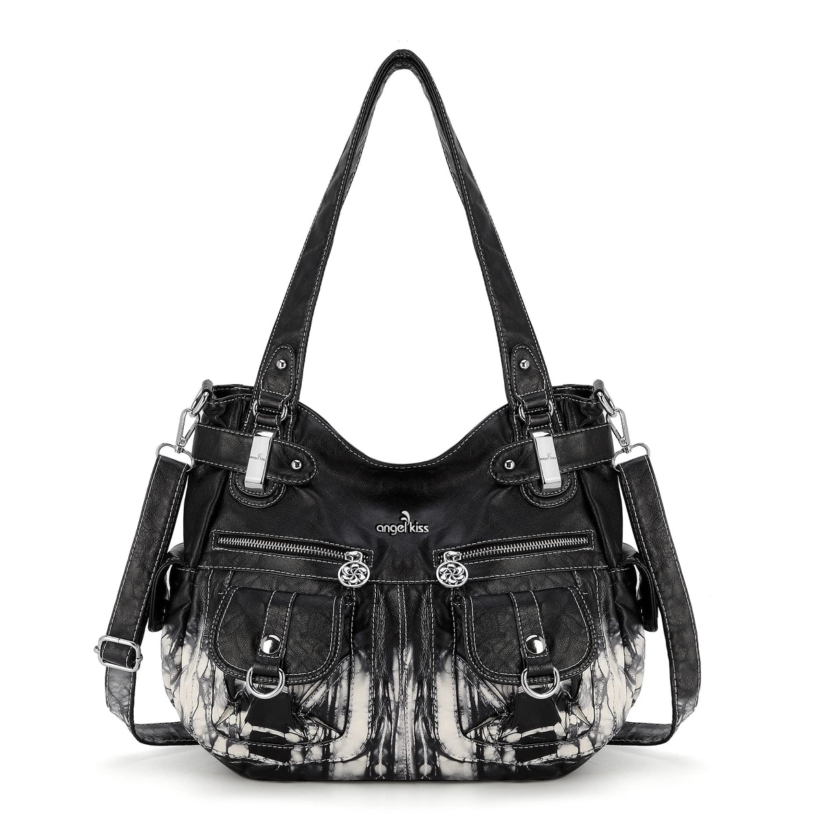 Angelkiss Women's Designer Handbag Large Double Zipper Multi Pocket Washed, Black-z