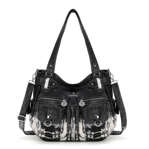 Angelkiss Women's Designer Handbag Large Double Zipper Multi Pocket Washed, Black-z
