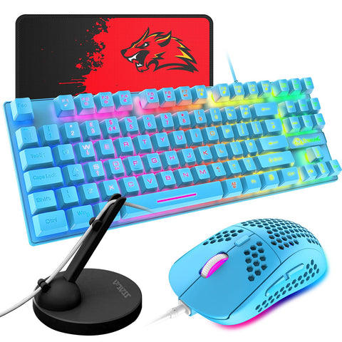 Gaming Keyboard and Mouse Combo,88 Keys Compact Rainbow Backlit Mechanical Feel Keyboard,RGB Lightweight Gaming Mouse,Mouse Pad and Mouse Cable Holder for Windows PC Gamers (Blue)