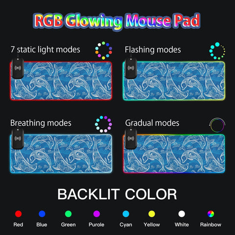 Dolphins Blue Sea Wave Wireless Charging Mouse Pad for Mobile Phone Extra Large Gaming Mousepad with 13 Lighting Modes Extended Desk Mat for Office Home Gaming MacBook PC Laptop Desk
