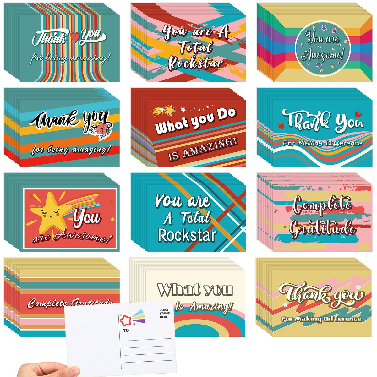 Kosiz 120 Pcs Than You Cards 4 x 6 Inch Appreciation Postcards Assorted Greeting Cards Blank Note Cards, 12 Styles