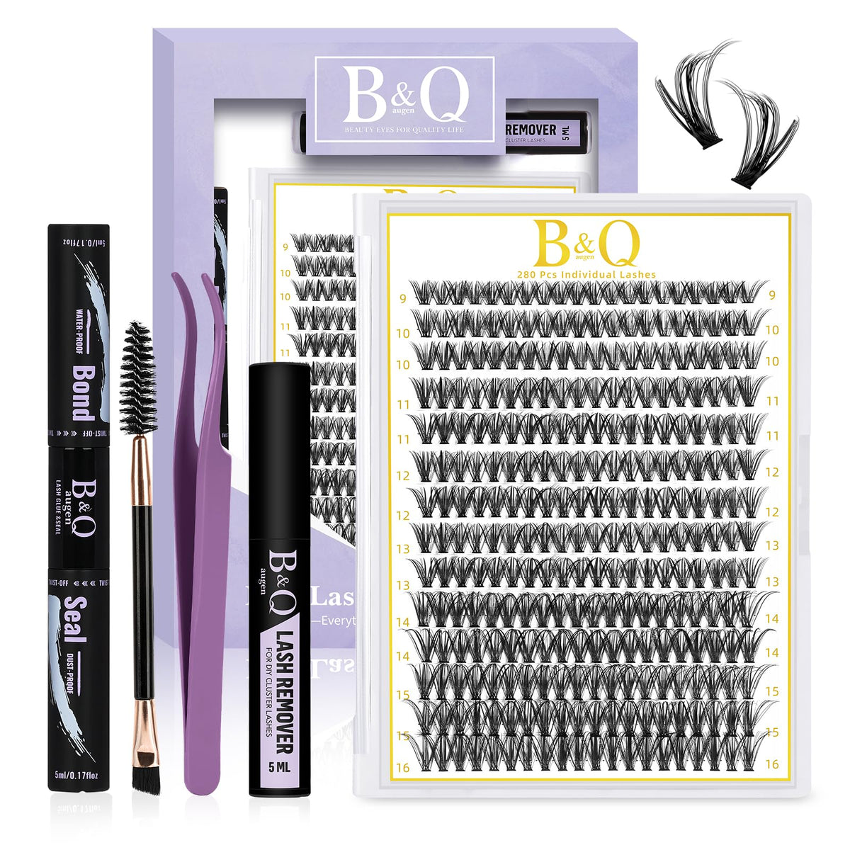 DIY Lash Extension Kit B&Q 280 PCS Individual, D 9-16MIX 30D 40D 50D Cluster Lashes Kit Lash Glue Remover (Kit-40D-D,9-16MIX)