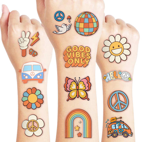 96PCS Groovy 70s Temporary Tattoos Birthday Party Decorations Favors Flower Power Good Vibes Retro Cute Tattoos Sticker Gift for Kids Boys and Girls, Prizes Themed Baby Shower Supplies