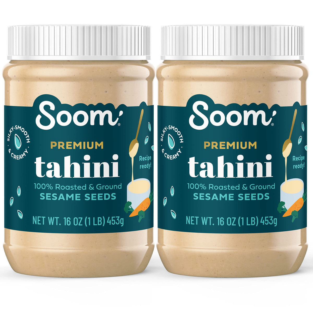 Soom Foods Ground Premium Sesame Tahini Paste 16oz (2 Pack) | Silky Smooth Texture in Hummus, Dips, Dressings | Vegan, Nut-Free, Gluten-Free, Dairy-Free, Paleo, Keto