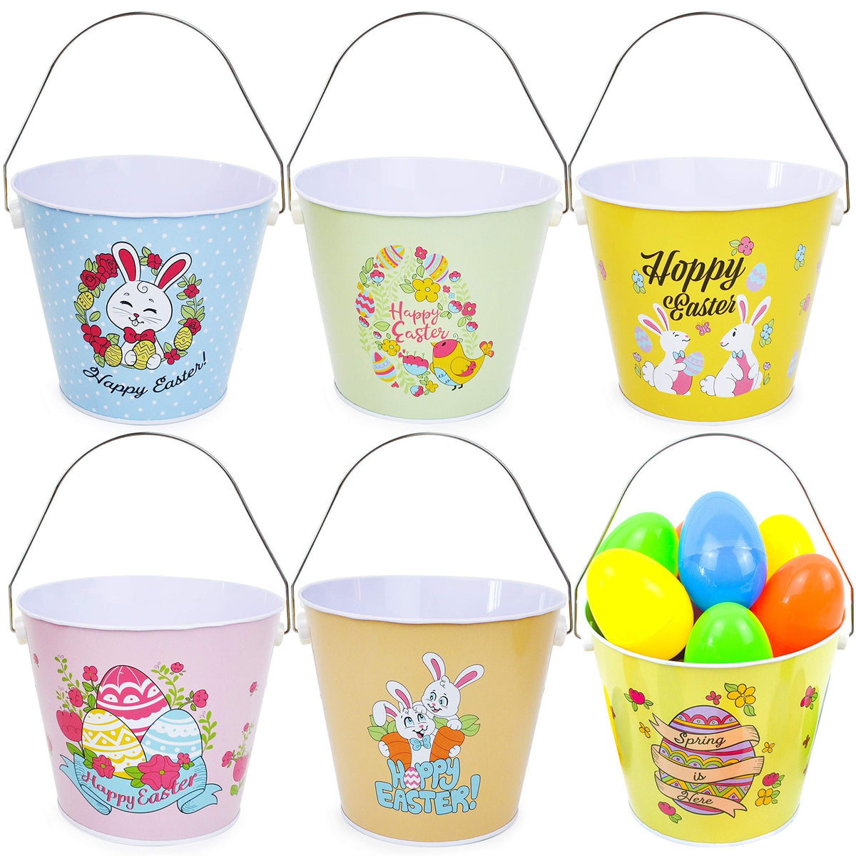 JOYIN 6 Pcs Easter Metal Buckets Easter Bunny Pail Baskets for Easter Eggs Hunt, Easter Pails Gift Baskets for Kids, Kids Easter Party Favor