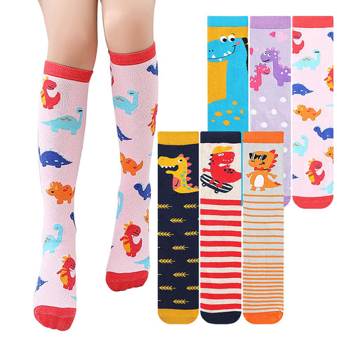 XEPST 6 Pairs Girls Knee High Socks - Colorful Cartoon Design Warm Cotton Knee Socks Mid-Calf Boot Socks Funny Socks for School Odd Socks Day 3-12 Years Girls - One Size, Dinosaur