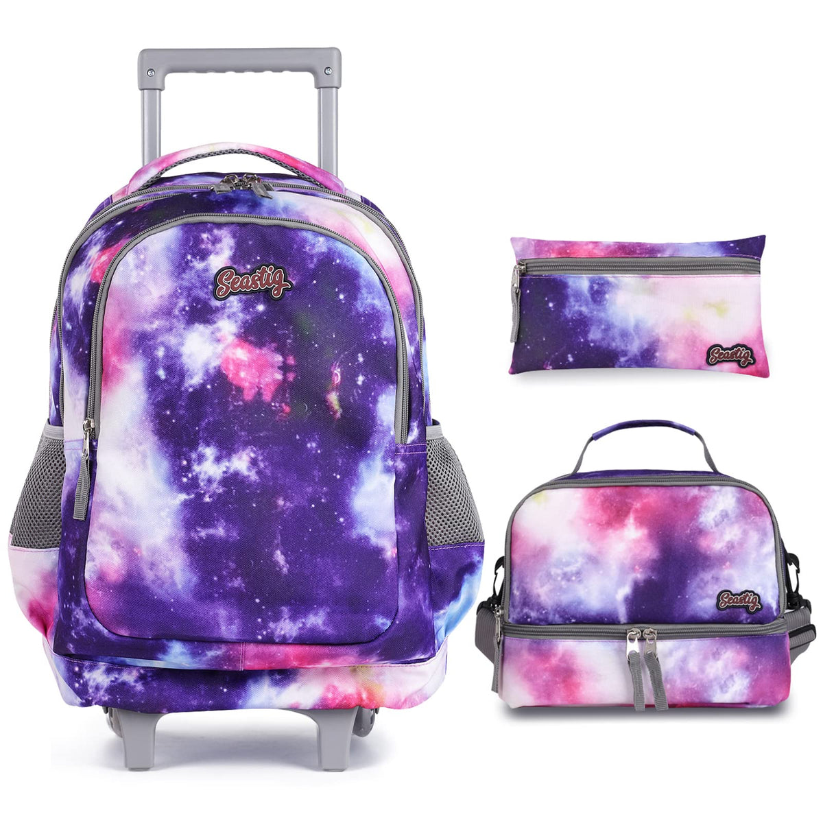 seastig Rolling Backpack 18in Double Handle Backpack Kids Wheeled Backpack Roller Backpack with Lunch Bag Set Girls Boys, Purple starry sky