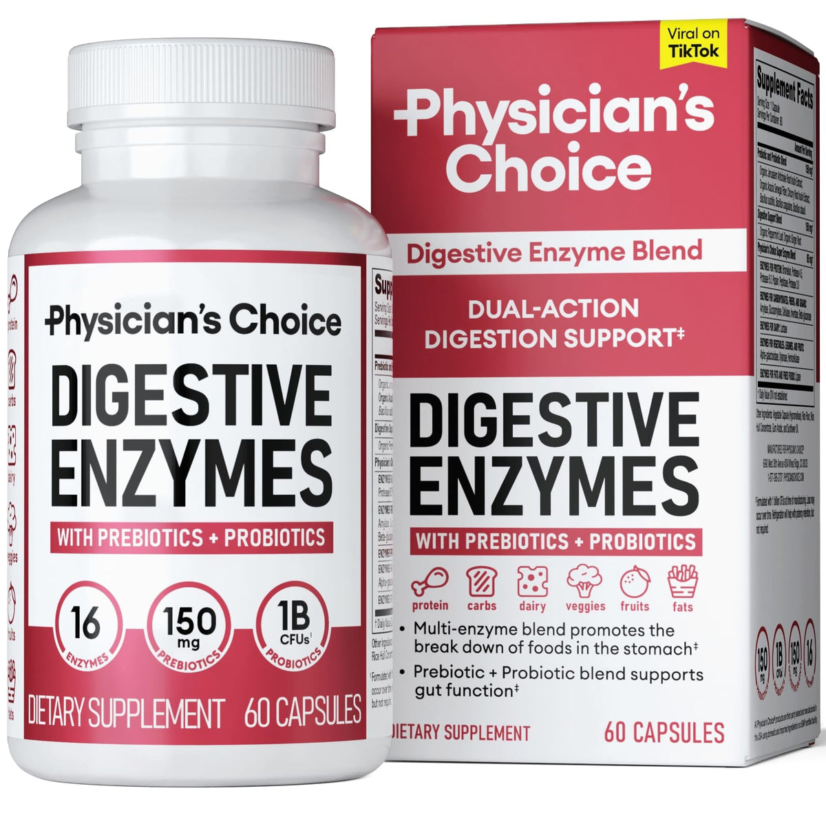 Physicians CHOICE Digestive Enzymes - Multi Enzymes, Organic Prebiotics & Probiotics for Digestive Health & Gut Health - for Meal Time Discomfort Relief & Bloating - Dual Action Approach - 60 CT