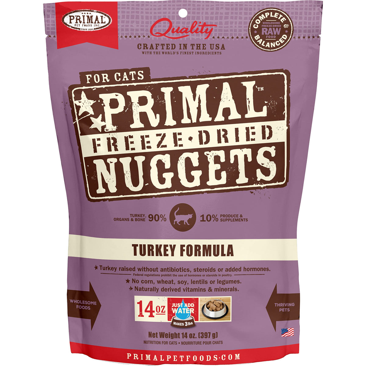 Primal Freeze Dried Cat Food Nuggets Turkey; Complete & Balanced Meal or Topper; Premium, Healthy, Grain Free, High Protein Raw Cat Food with Probiotics (14 oz)