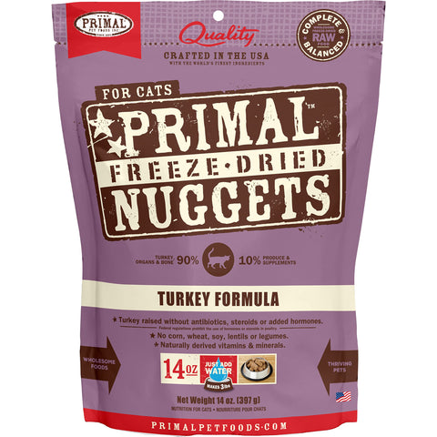 Primal Freeze Dried Cat Food Nuggets Turkey; Complete & Balanced Meal or Topper; Premium, Healthy, Grain Free, High Protein Raw Cat Food with Probiotics (14 oz)