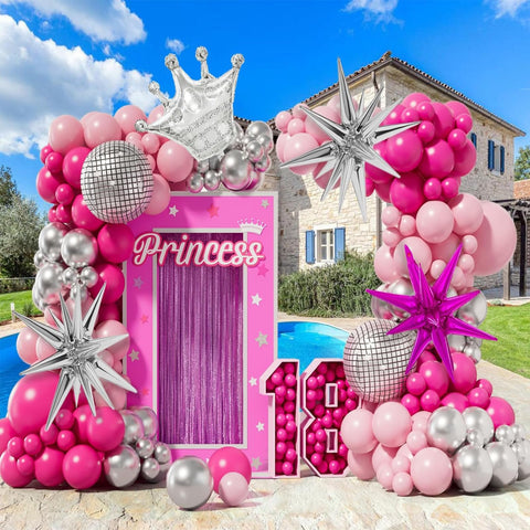145Pcs Pink Silver Balloon Arch Kit with Pink Silver Disco Ball Star Crown Balloons for Barbie Princess Theme Party Birthday Girl Baby Shower Anniversary Wedding Decorations