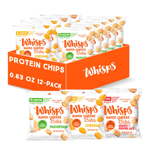 Whisps Cheese Crisps Variety Pack | Protein Chips | Healthy Snacks | Protein Snacks, Gluten Free, High Protein, Low Carb Keto Food | Parmesan, Cheddar Cheese, Asiago Pepper Jack (0.63Oz, 12 Pack)