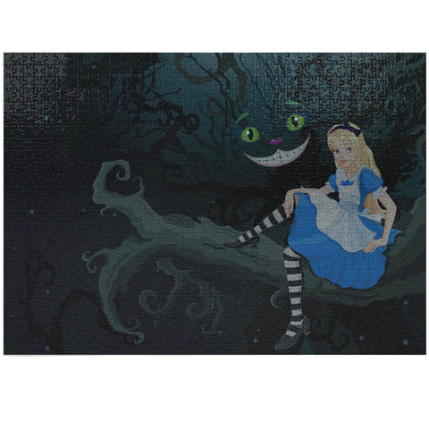 Ambesonne Alice in Wonderland Jigsaw Puzzle, Alice Sitting on Branch and Chescire Cat in Darkness Cartoon Style, Heirloom-Quality Fun Activity for Family Durable Cardboard, 1000 pcs, Blue Black