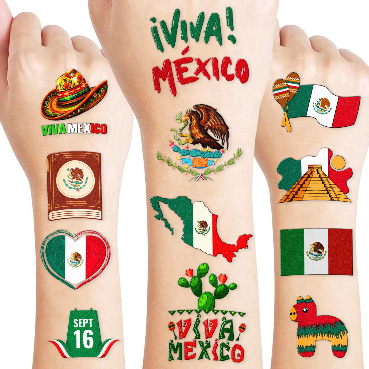 Generic Mexican Independence Day Temporary Tattoos - Mexico Themed Tattoos Best Choice for September 16th Viva Mexico Party Supplies Favors