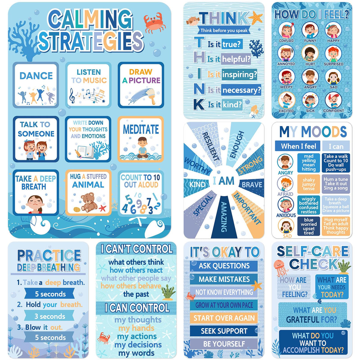 Pajean 10 Pcs Calming Corner Classroom Poster Ocean Mental Health Poster Calm Down Corner Feeling Chart Under the Sea Emotion Coping Skills Educational Therapy Poster for Classroom Wall Decoration