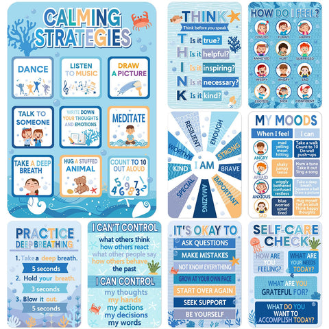 Pajean 10 Pcs Calming Corner Classroom Poster Ocean Mental Health Poster Calm Down Corner Feeling Chart Under the Sea Emotion Coping Skills Educational Therapy Poster for Classroom Wall Decoration