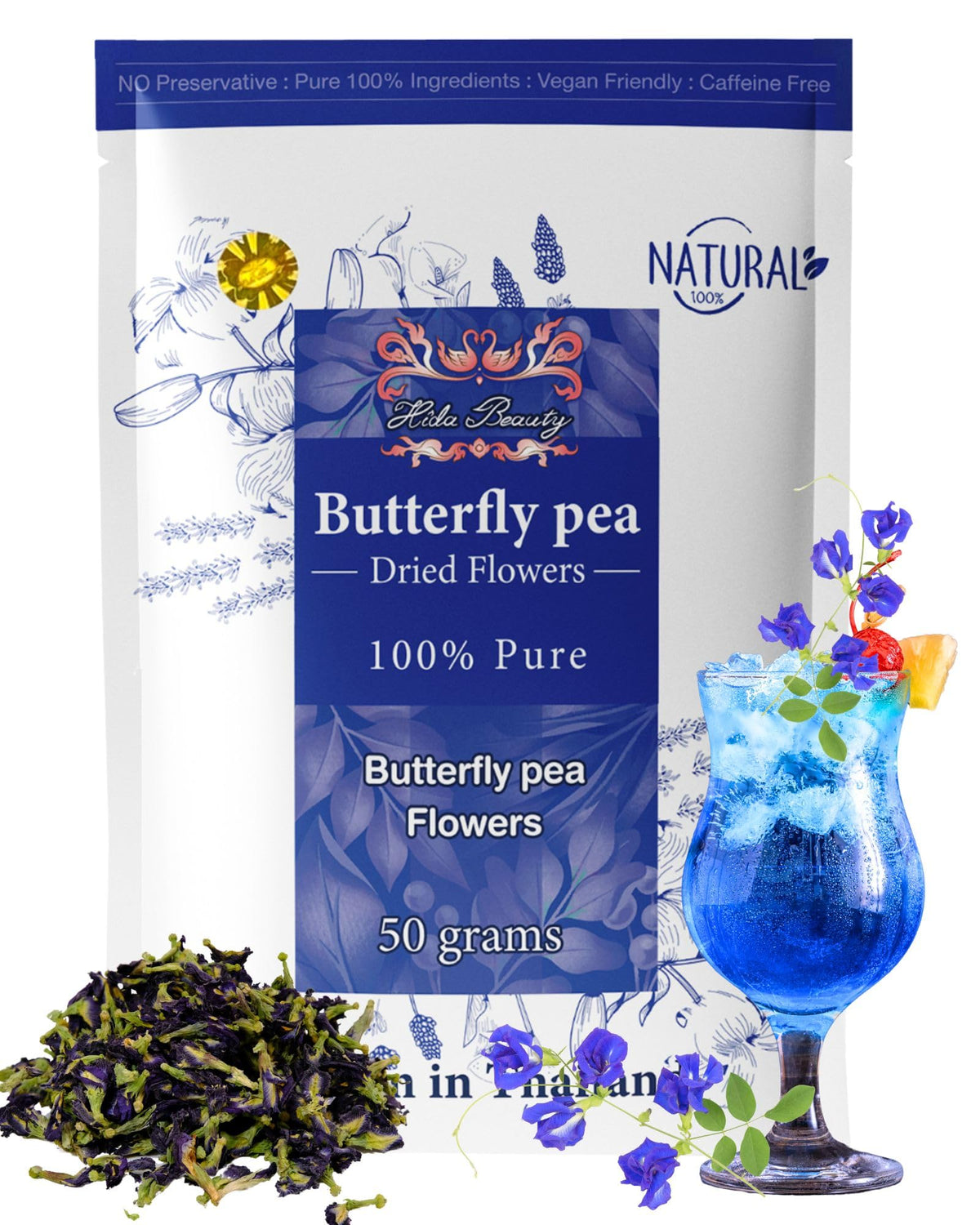 Hida Beauty Butterfly pea Flowers 1.76oz Premium Dried whole flowers Blue Color for tea drinks hot cool purple violet funness party food bakery pasta cocktail rice