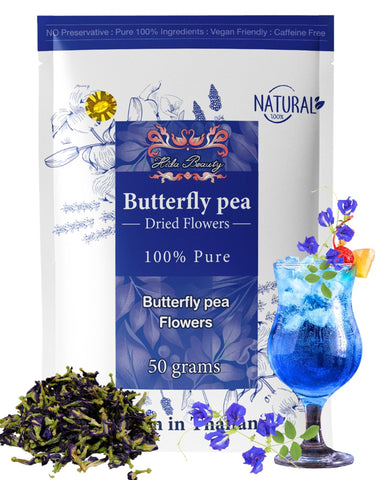Hida Beauty Butterfly pea Flowers 1.76oz Premium Dried whole flowers Blue Color for tea drinks hot cool purple violet funness party food bakery pasta cocktail rice