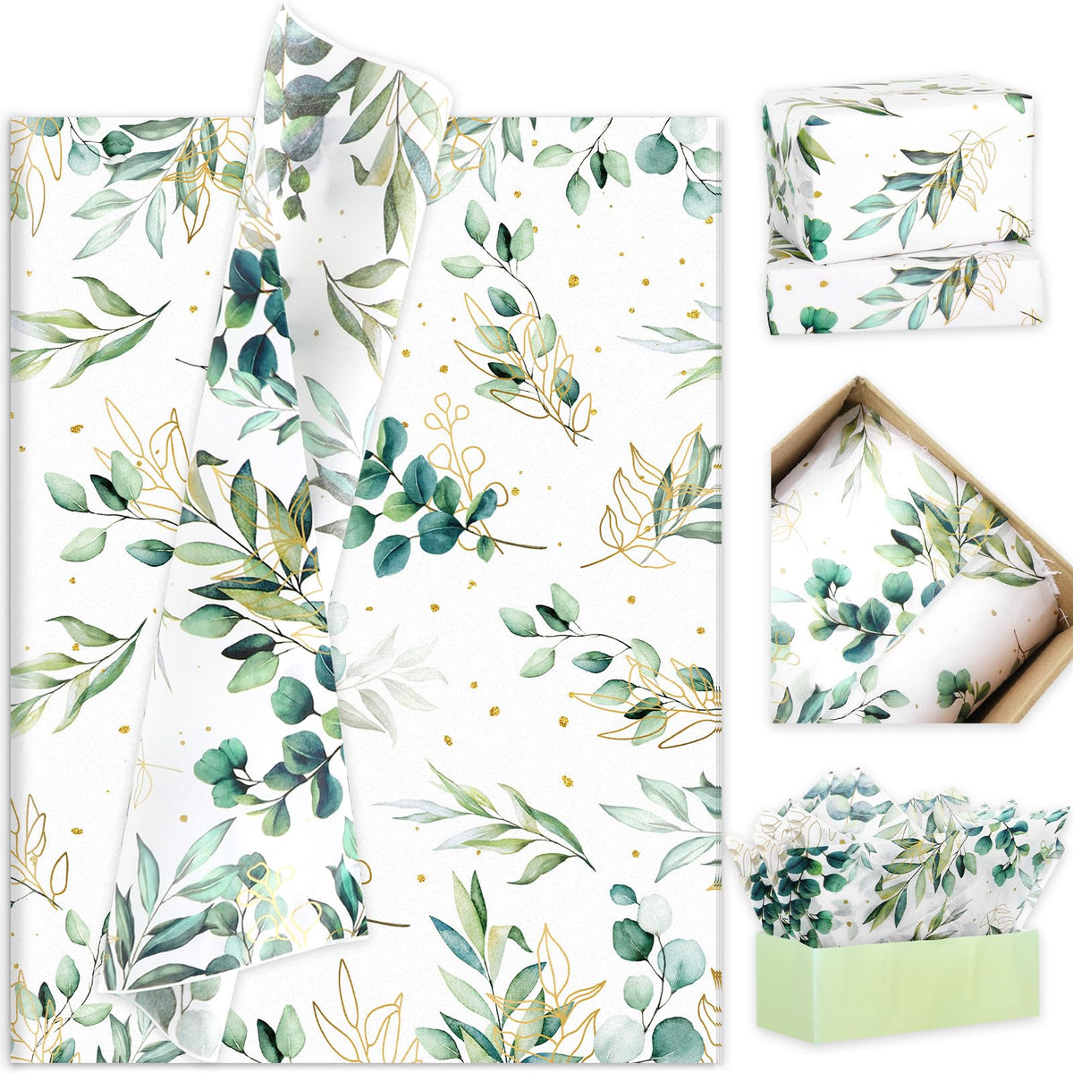 Whaline 100 Sheets Greenery Tissue Paper Eucalyptus Leaves Gold Gift Wrapping Paper Boho Art Paper for DIY Crafts Small Business Wedding Birthday Baby shower Party Decorations, 14 x 20 Inch