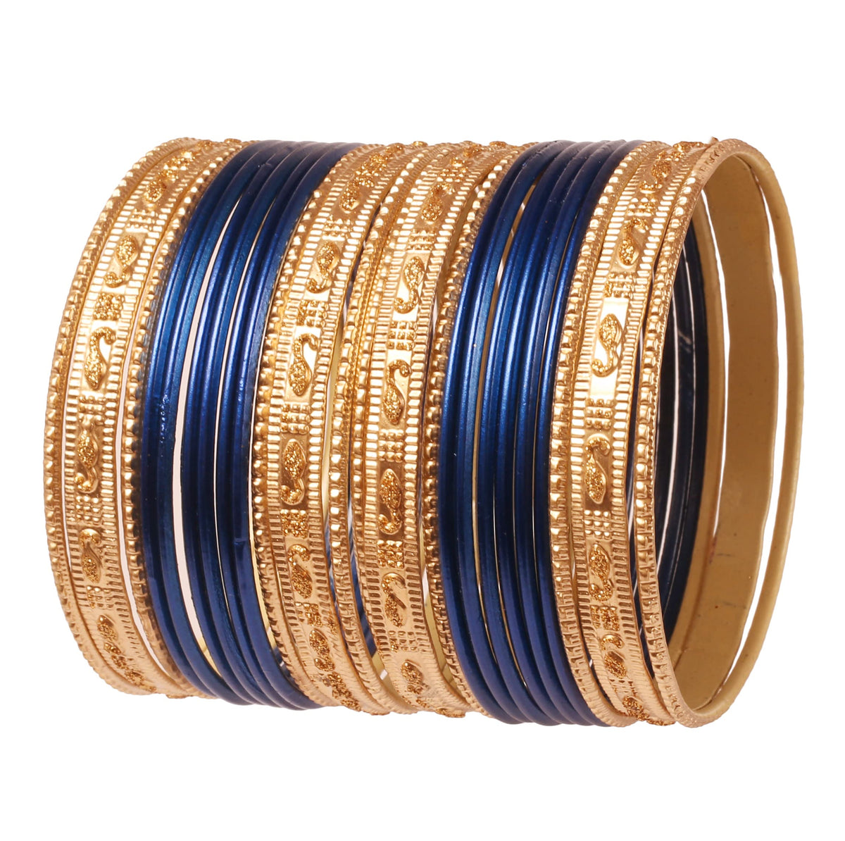 Touchstone Indian Bollywood Colorful 2 Dozen Bangle Collection Golden Glitters Textured Navy Blue Color Designer Jewelry Special Bangle Bracelets Set Of 24 In Gold Tone For Women.