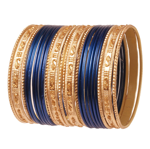 Touchstone Indian Bollywood Colorful 2 Dozen Bangle Collection Golden Glitters Textured Navy Blue Color Designer Jewelry Special Bangle Bracelets Set Of 24 In Gold Tone For Women.