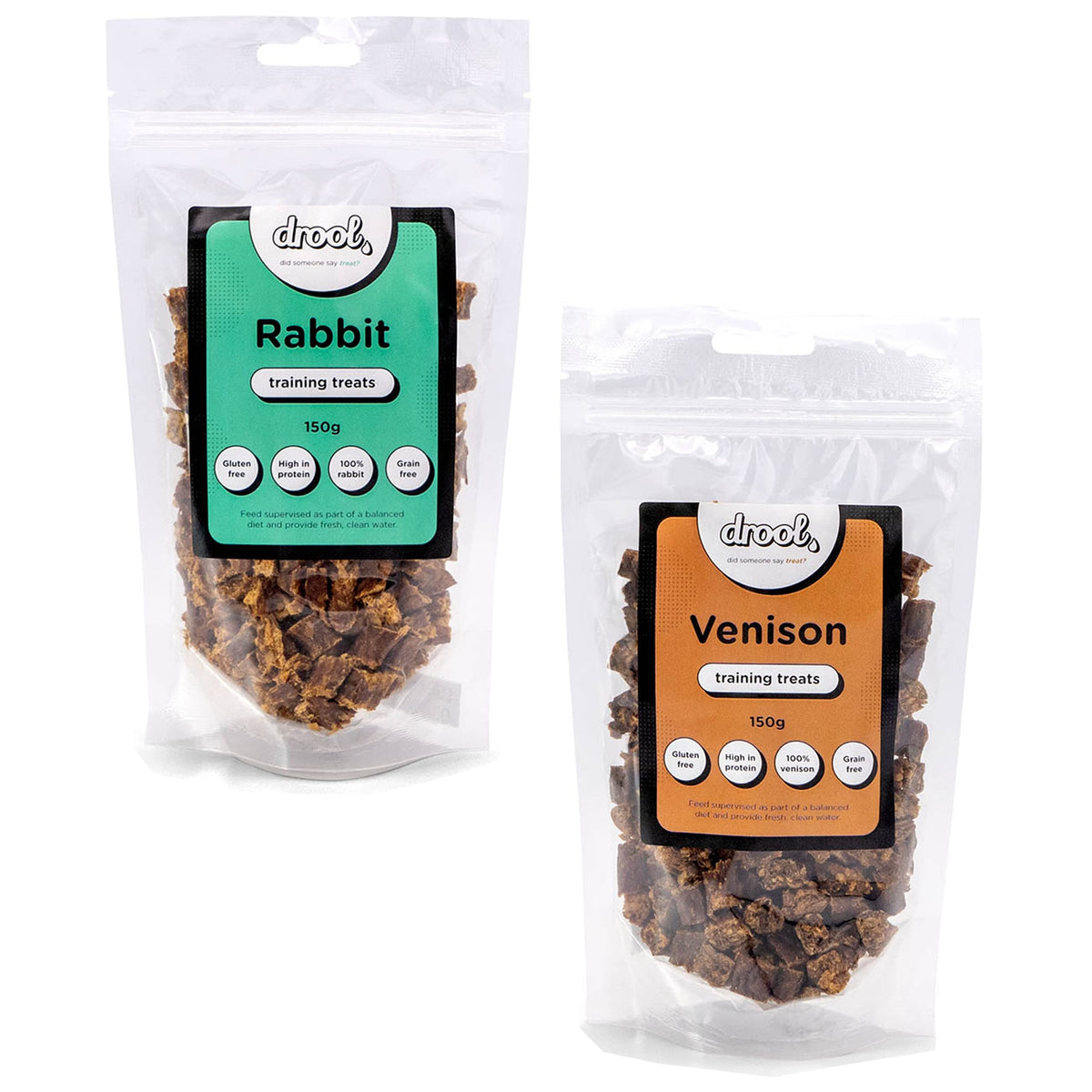 Drool Pet Products 100% Pure Dried Fresh Meat Rabbit & Venison Double Pack Training Treats for Dogs 2 x 150g Air-Dried Nibbles Dog Chews for Dogs & Puppies