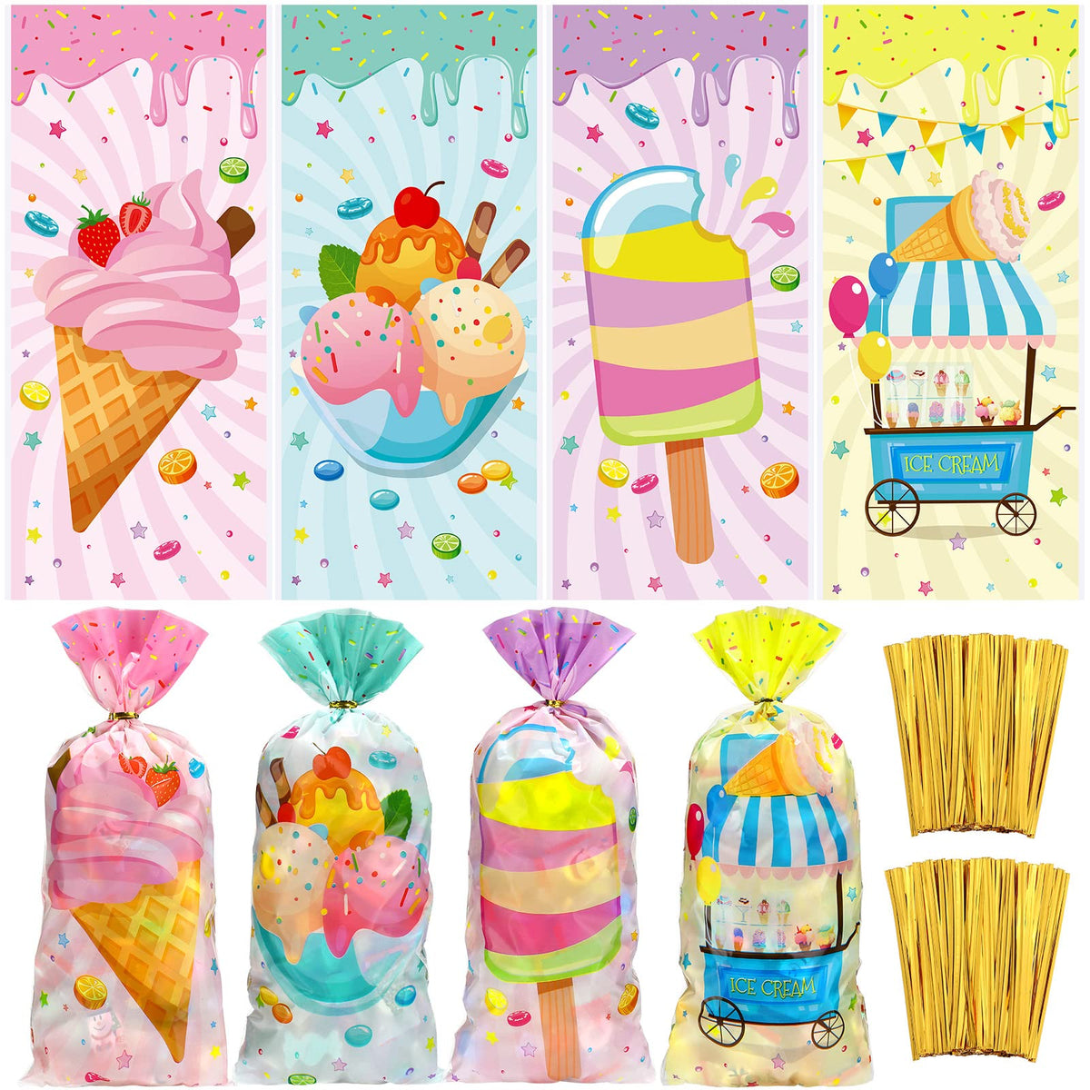 120 Pieces Ice Cream Party Treat Bags Plastic Cello Candy Goodie Bag with 150 Golden Twist Ties for Party Supplies(Ice Cream Style)