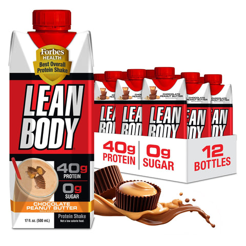 Lean Body Ready-to-Drink Protein Shake, 40g Protein, Whey Blend, 0 Sugar, Gluten Free, 22 Vitamins & Minerals, (Recyclable Carton & Lid - Pack of 12) LABRADA (Chocolate Peanut Butter)