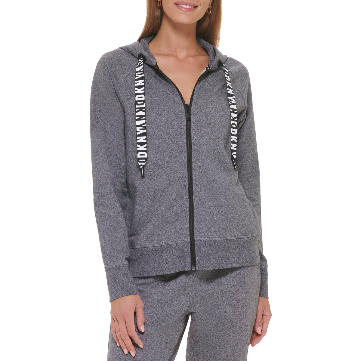 DKNY Women's Logo Drawstring Zip Up Hoodie, Activewear Sweatshirt, Black Heather
