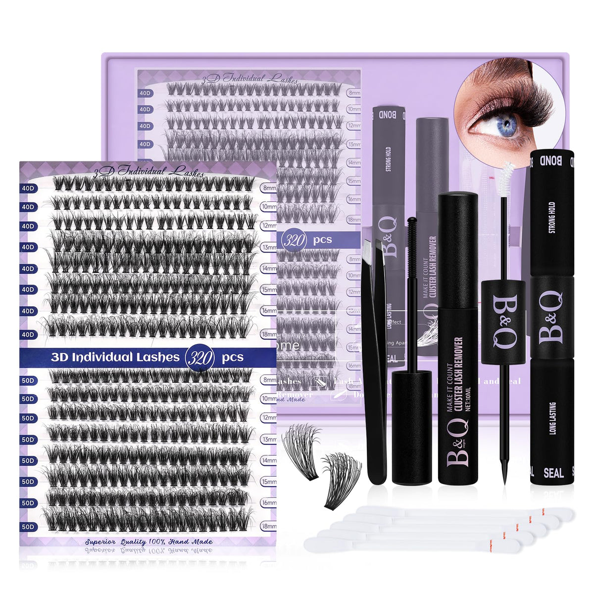 B&Q Lash Extensions Kit for Beginners 3D Eyelash Extension Kit 320pcs 40D+50D Lash Clusters Kit 8-18 Mixed Lash Kit Fluffy Individual Lashes Kit with Lash Bond Seal Remover?Q40D+Q50D-8-18MIX?