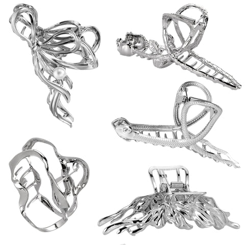 Large Hair Clips Silver Hair Clip Set Metal Hair Clips Women's Large Hair Claws Clips Hair Accessories for Women Girls (Pack of 5)