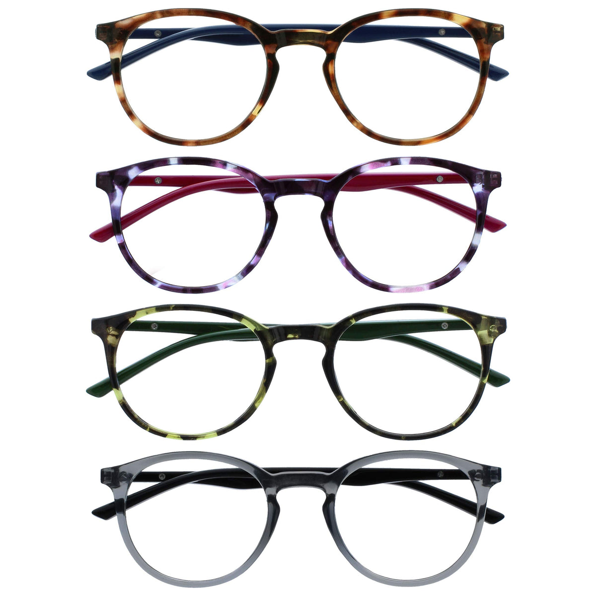OPULIZE Met Reading Glasses 4 Pack Slim Round Frame Scratch Resistant Spring Hinges Brown Purple Green Transparent Grey Mens Womens RRRR60-2567 +3.50