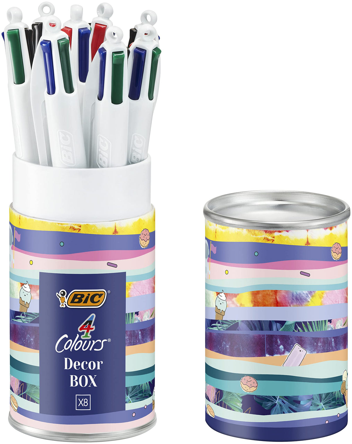 Bic 4 Colours Message Box - Retractable Ballpoint Pens Medium Nib (1.0 mm) - Assorted Decorations, Metallic Gift Box of 8, Assorted Design, White, black, red, blue