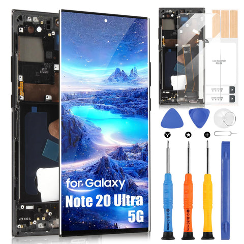 OLED Screen for Samsung Note 20 Ultra 5G LCD for Galaxy Note20 Ultra 5G 4G N986B N986U N986W N985F Touch Screen Assembly with Repair Kit (Black with Frame, 6.9 Inch, Fingerprint Unlocking Supported)