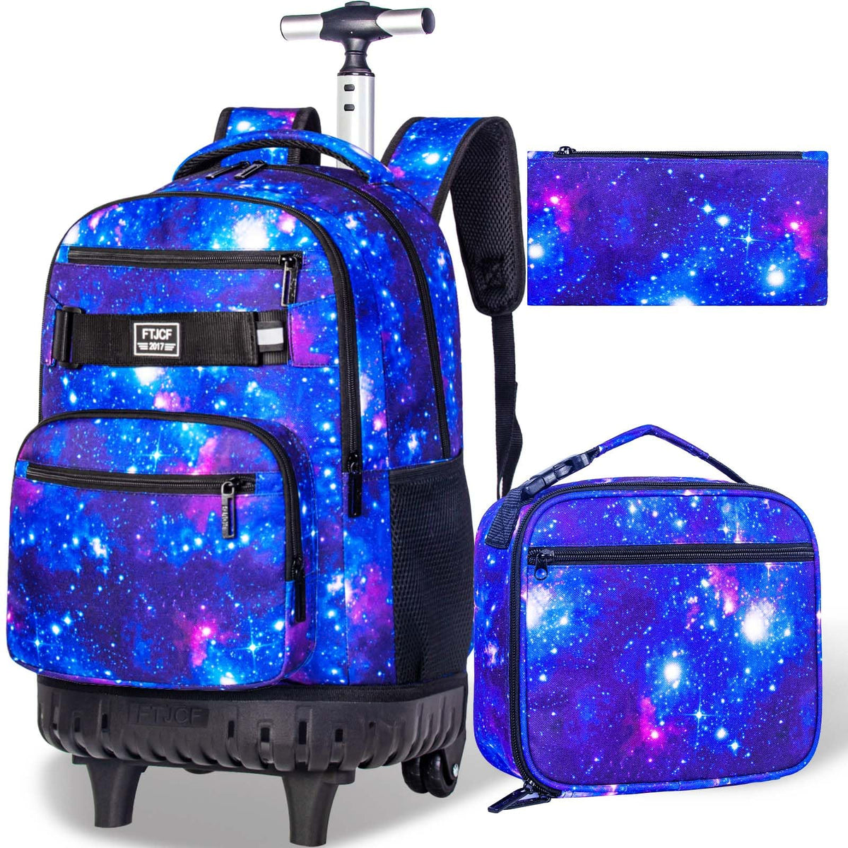gxtvo Rolling Backpack for Adults Women and Men, Wheeled Bookbag with Lunch Box for Girls and Boys, Kids Water Resistant Roller School Bag for College Teens Travel - Blue