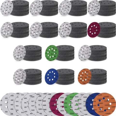 Dansib 200 Pcs Sandpaper 5 Inch 8 Holes Hook and Loop Wet Dry Sanding Discs Assorted Grits 320 400 600 800 1000 1200 1500 2000 2500 3000 4000 5000 7000 10000 Orbital Sander Pads for Polishing