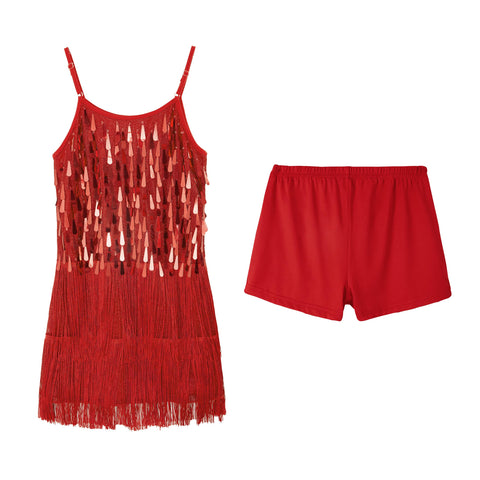 LOLANTA Girls Sequin Fringe Dance Costume, Kids Salsa Rumba Latin Dancing Clothes Set, Sparkling Sleeveless Tassel Dance Mini Dress with Shorts, Red, 8-9 Years, 140