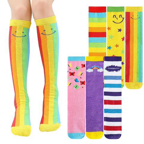 XEPST 6 Pairs Girls Knee High Socks - Colorful Cartoon Design Warm Cotton Knee Socks Mid-Calf Boot Socks Funny Socks for School Odd Socks Day 3-12 Years Girls - One Size, Rainbow
