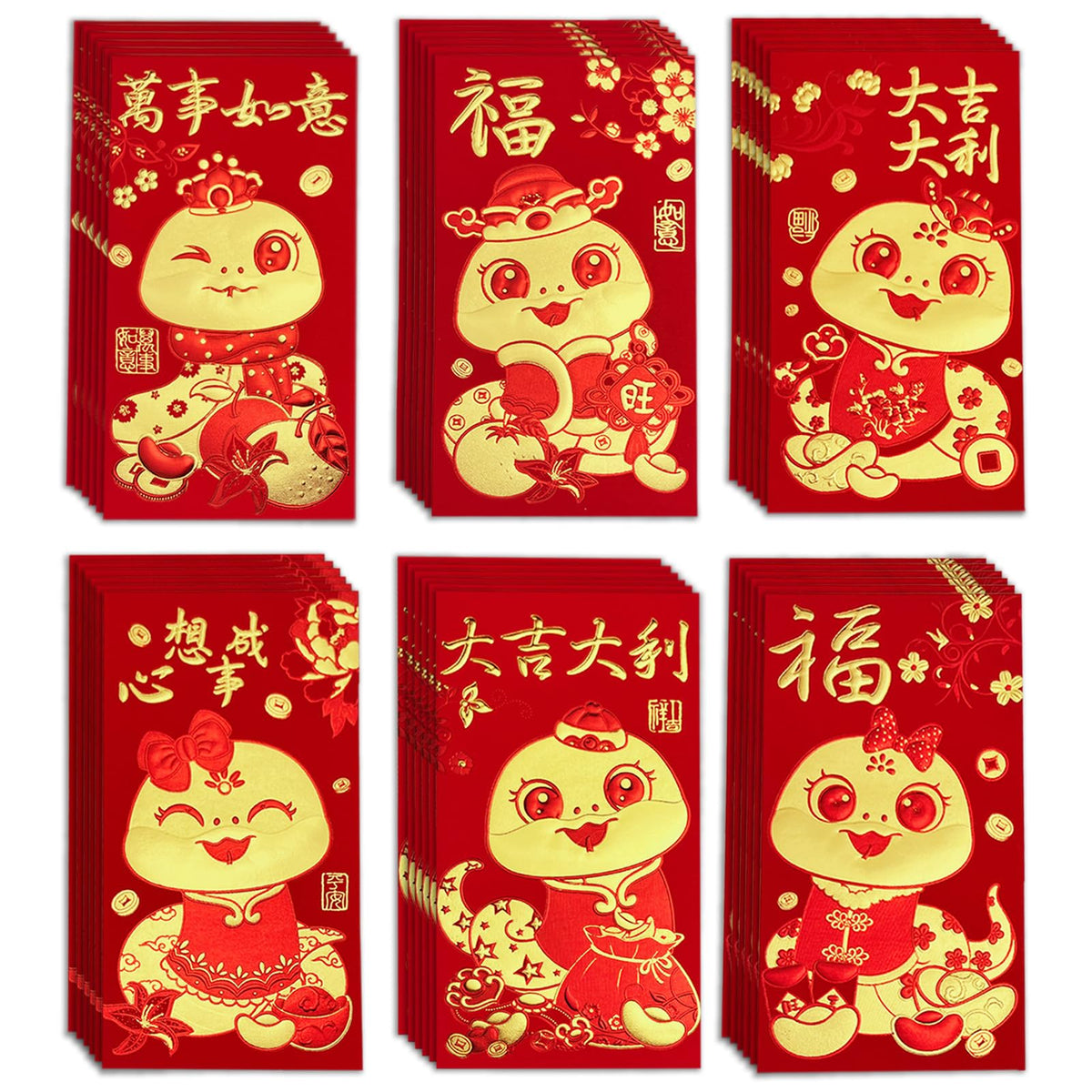 36Pcs Chinese New Year Red Envelopes 2025, Lunar New Year of The Snake Red Envelopes with 6 Different Cute Snake Gold Foil Patterns, Lucky Money Red Packets Hong Bao for Spring Festival, Large