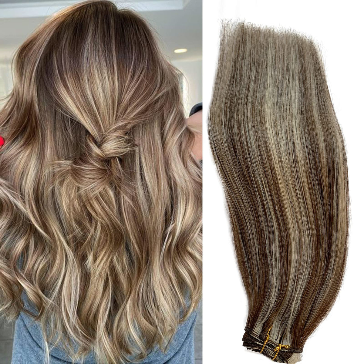 Human Hair Weft Extensions Balayage Blonde Bundle Hair Extensions Hand Tied Sew in Hair Wefts Brown Hair with Blonde Highlights Sew in Remy Hair Bundles 12 Inch 80grams