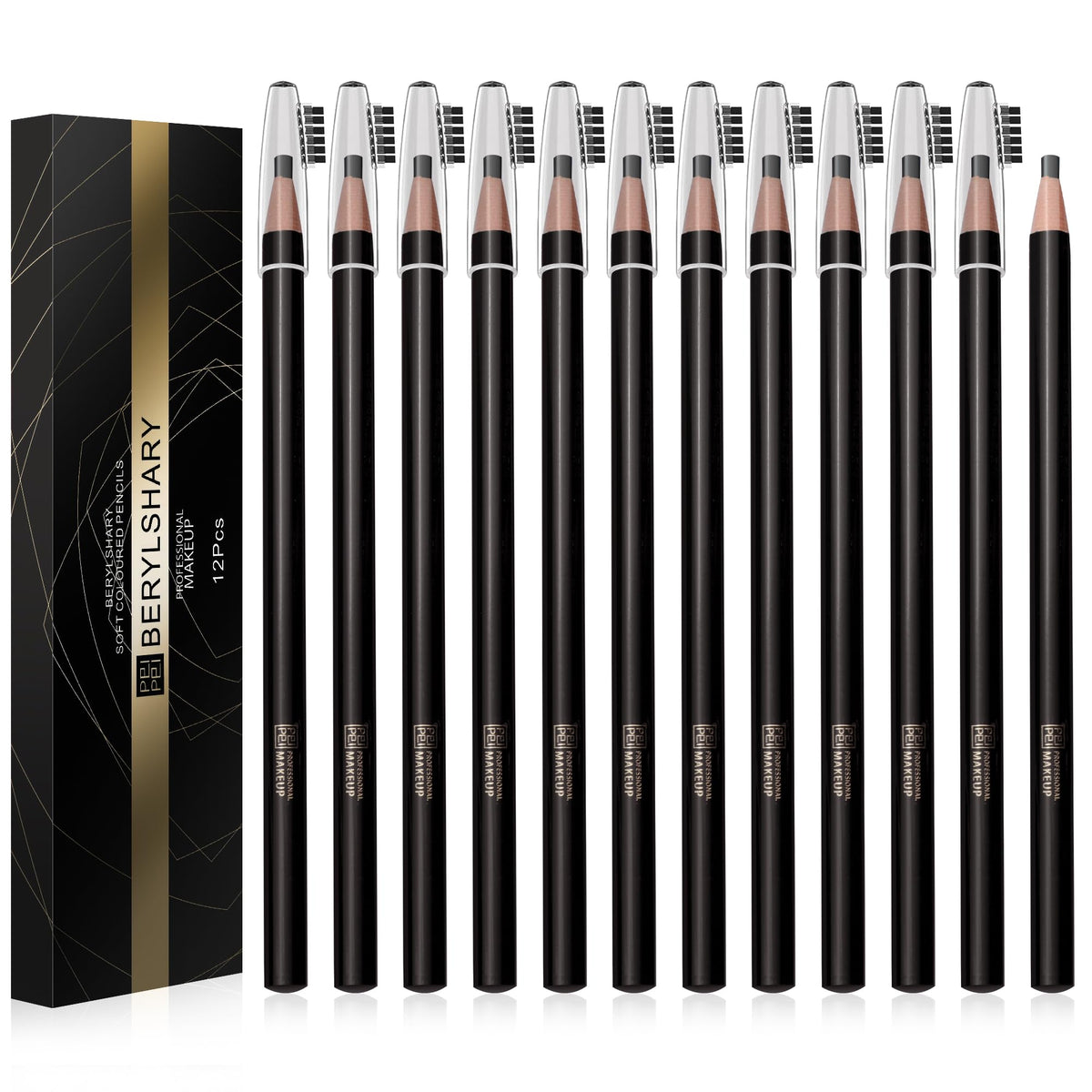 BERYLSHARY waterproof pull eyebrow pencil, 12 pieces, dark brown, light brown, black, sweat resistant, long-lasting and non discoloring, essential for beginners (12 PCS Dark brown)