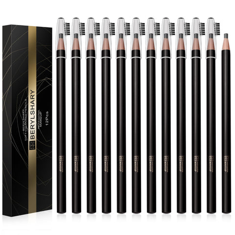 BERYLSHARY waterproof pull eyebrow pencil, 12 pieces, dark brown, light brown, black, sweat resistant, long-lasting and non discoloring, essential for beginners (12 PCS Dark brown)