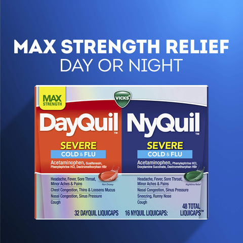 Vicks DayQuil and NyQuil Severe Combo, Max Strength Cold & Flu Medicine for Fever, Sore Throat, Nasal Congestion - 48 Count