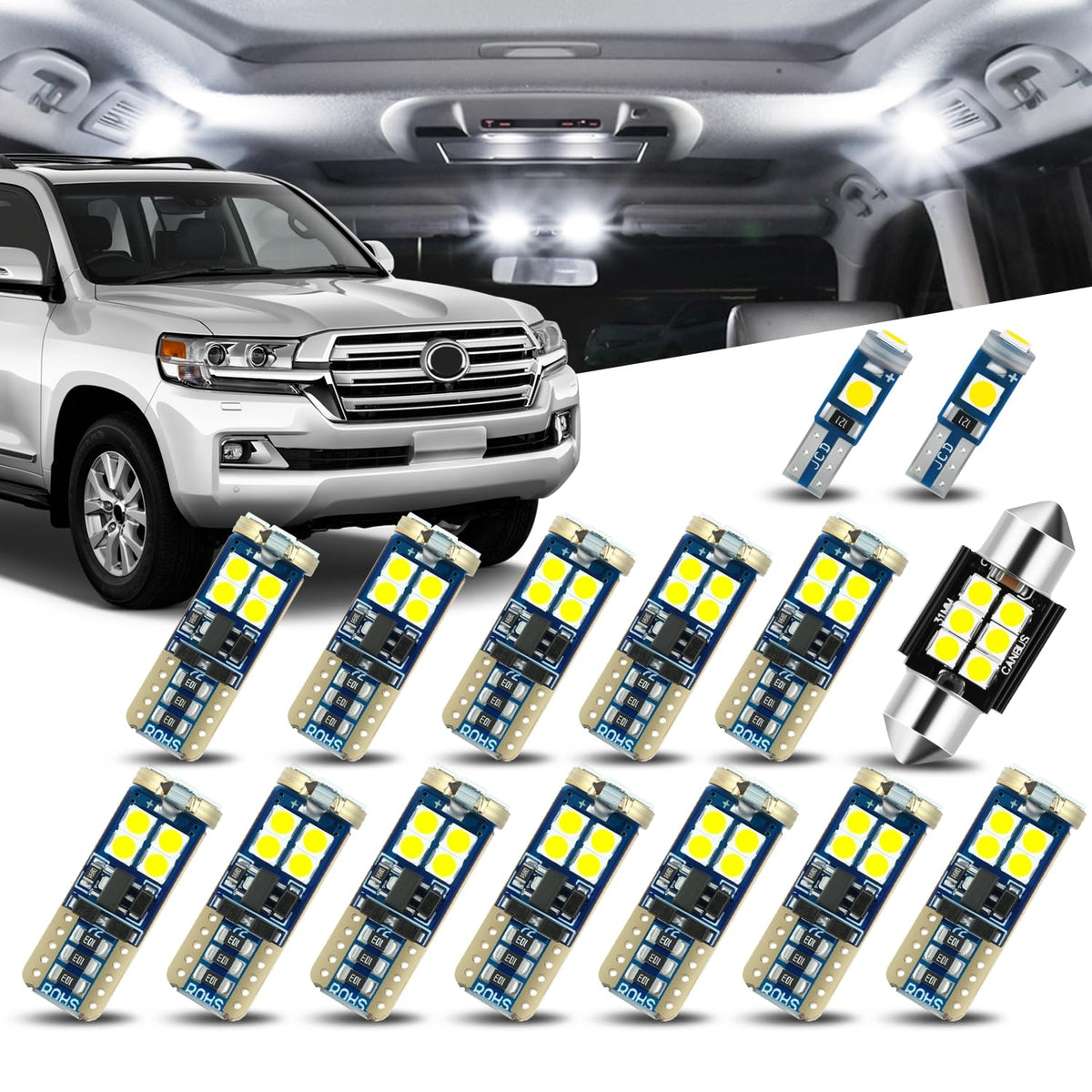 (Pack of 15) 12V 5500K Interior Car LED Light Bulbs Kit Compatible with Toyota Land Cruiser 2011-2021, Pure White