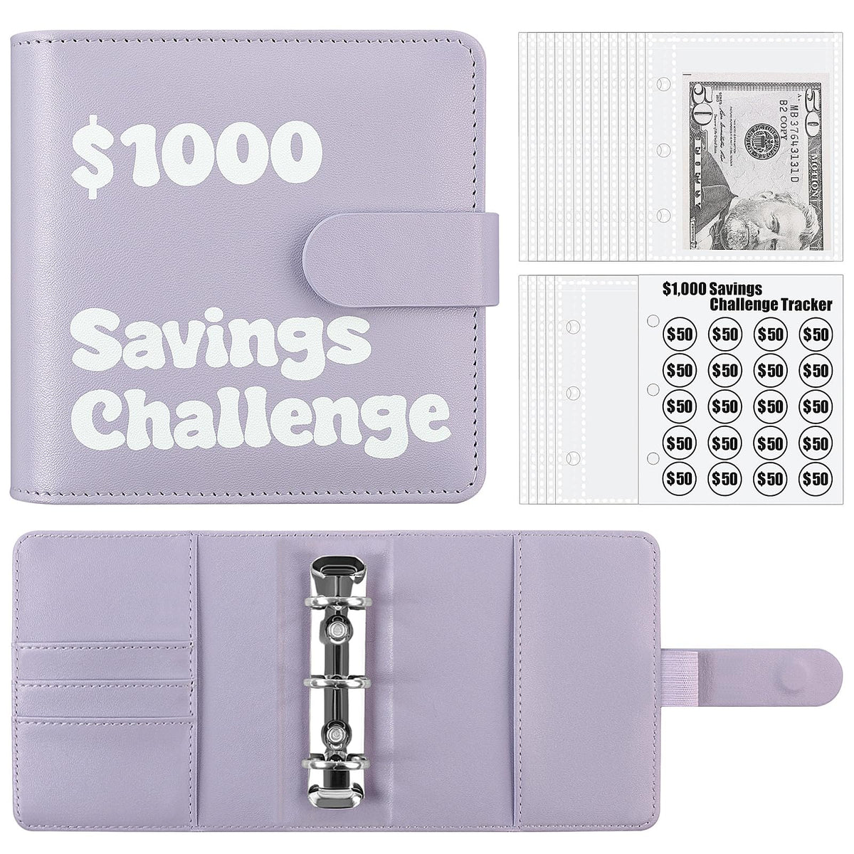 1000 Savings Challenge Binder, A8 Mini Money Saving Binder with Cash Envelopes, PU Budget Binder for Budgeting, Easy & Funny to Save $1000, Purple