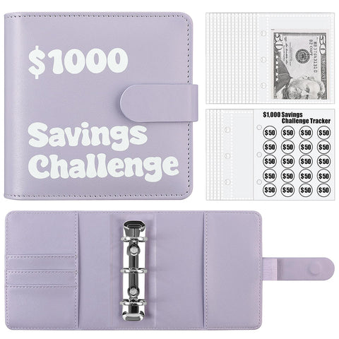 1000 Savings Challenge Binder, A8 Mini Money Saving Binder with Cash Envelopes, PU Budget Binder for Budgeting, Easy & Funny to Save $1000, Purple